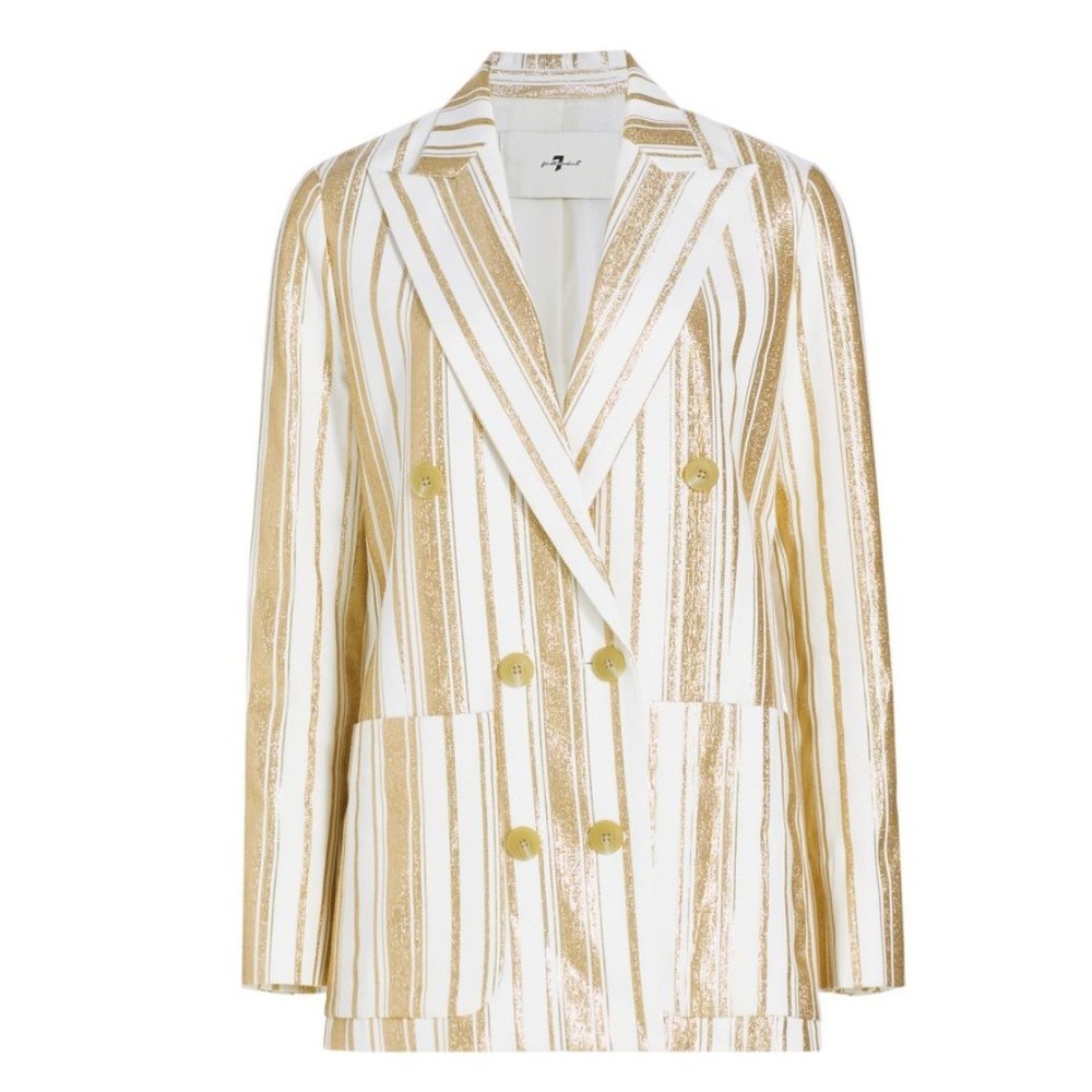 7 For All Mankind Womens Gold Metallic Stripe Double Breasted Blazer White